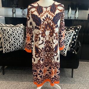 Jean Pierre Cream Shift Dress with Navy & Orange Medallion Print. Never worn